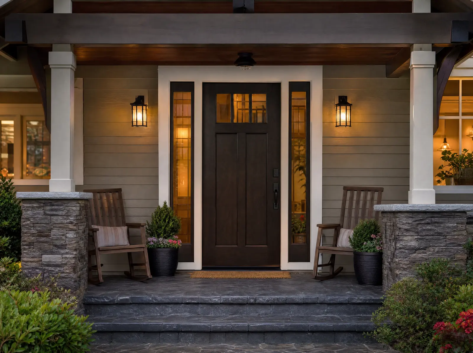 Craftsman front porch with a new dark wood entry door and sidelights