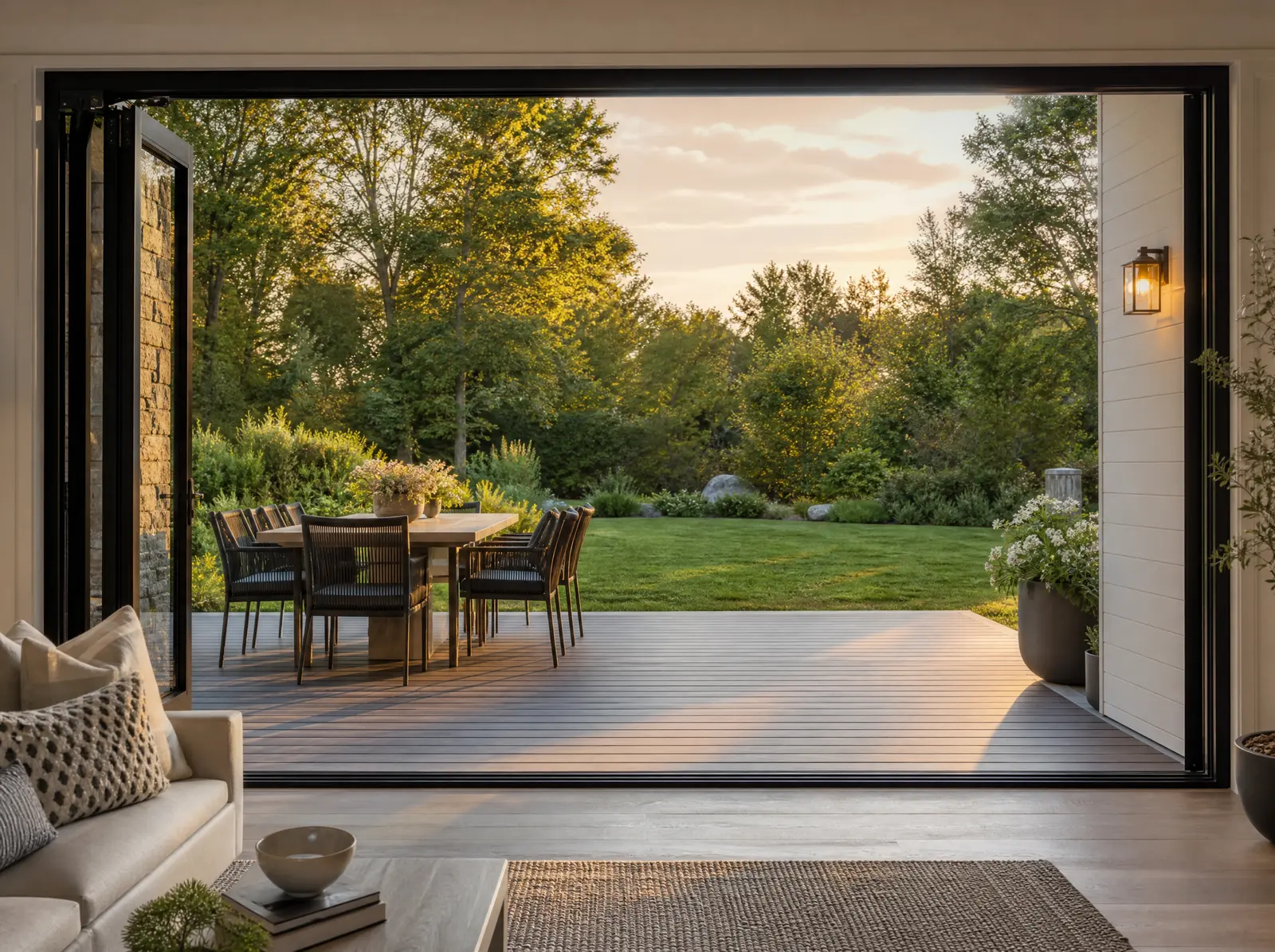 Black-framed sliding patio doors open onto a deck at sunset