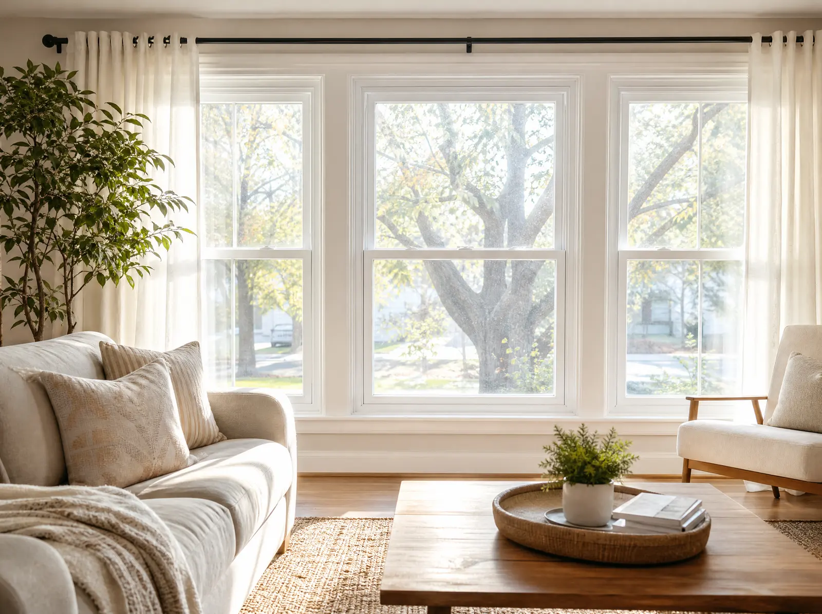 Bright living room with new white double-hung windows and sheer curtains