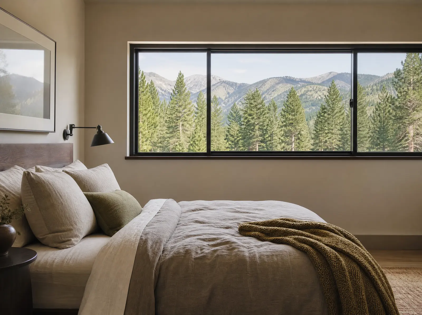 Wide sliding window framing mountain and forest views from a bedroom
